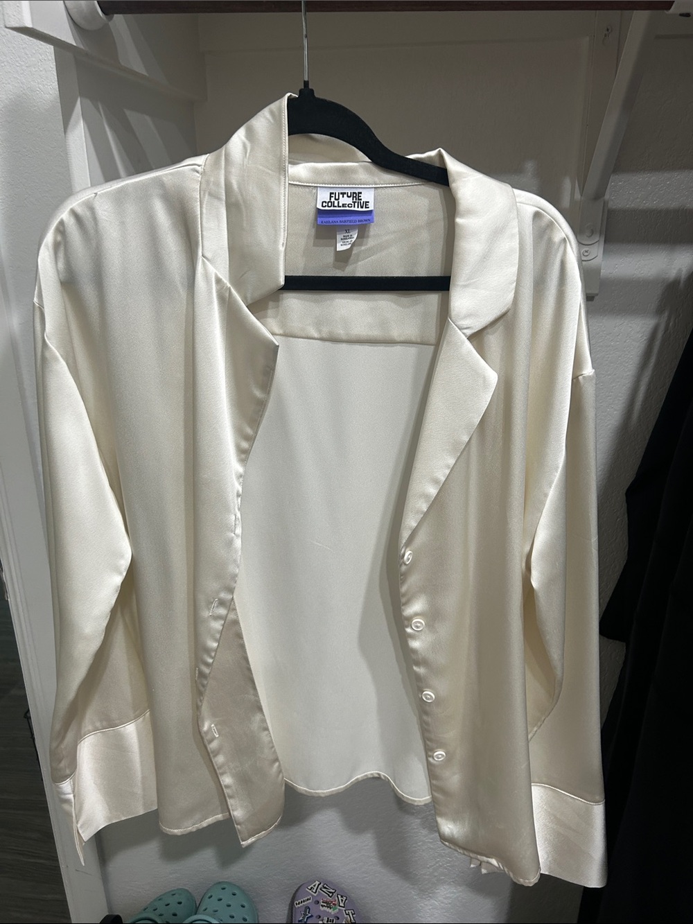 Future Collective Cream Satin Button-Front Blouse